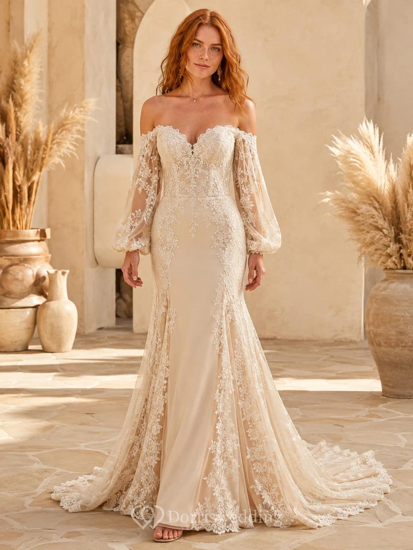 Romantic Champagne Lace Mermaid Wedding Off Shoulder Sweetheart Long Sleeves Train