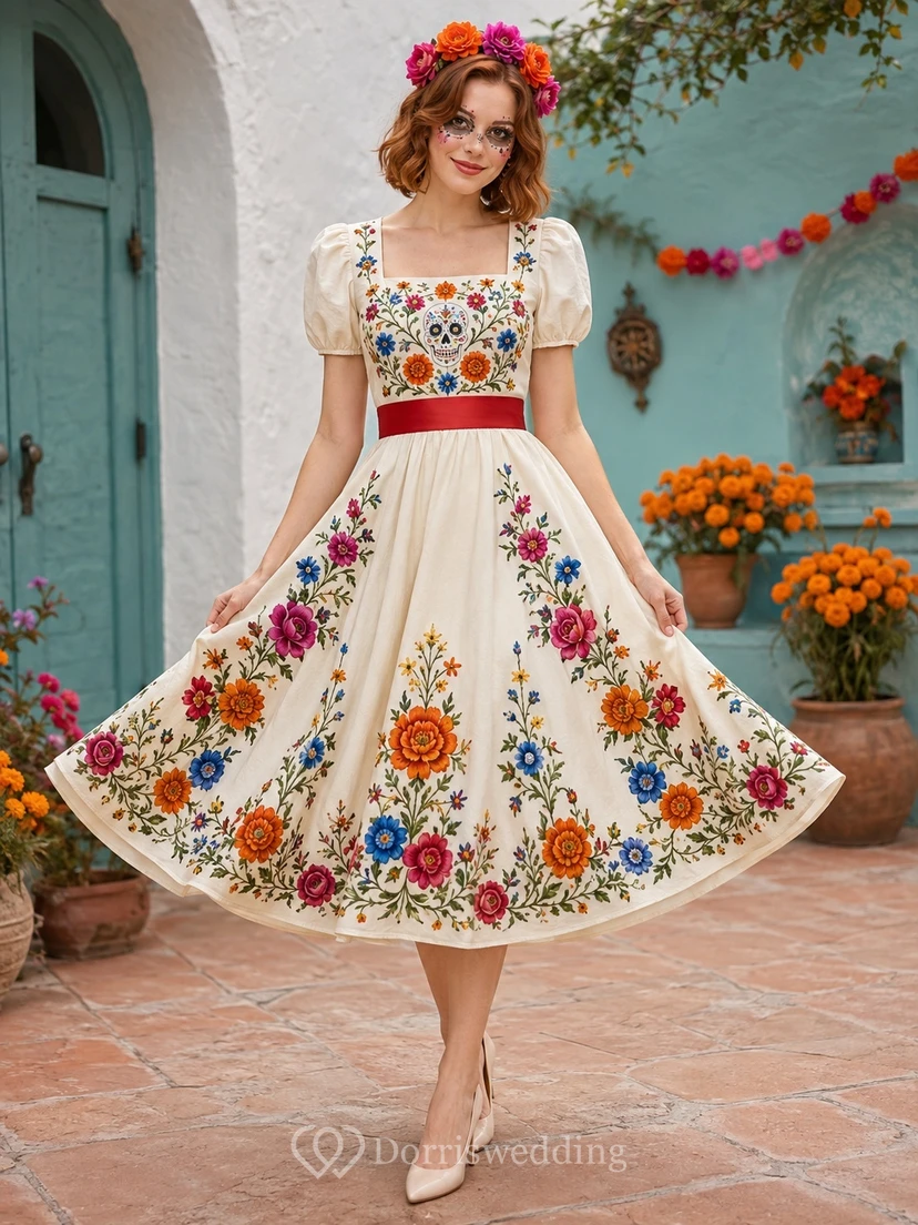 Vestido vintage de corte A, largo midi, color marfil, con escote cuadrado, mangas abullonadas y bordado floral.