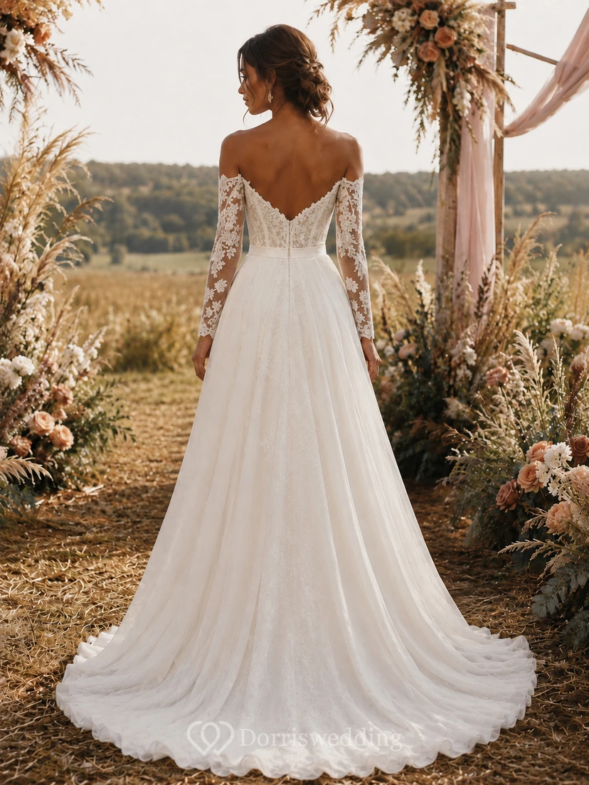 Boho Off-the-Shoulder Bridal Jumpsuit with Lace Corset Bodice, Long Sleeves & Flowing Chiffon Overskirt view 2