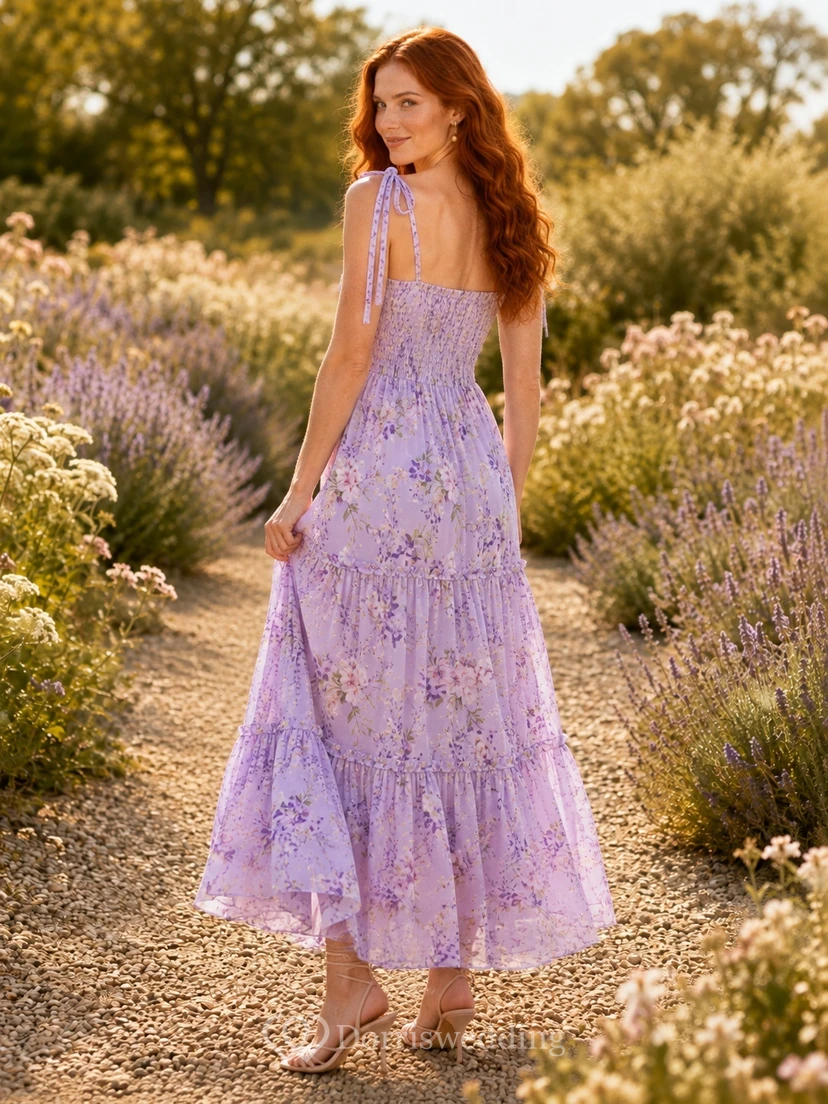 Lavendelfarbenes, geblümtes, eckiges Spaghetti-Chiffon-Kleid in A-Linie mit asymmetrischem Saum und Stufenrock view 2