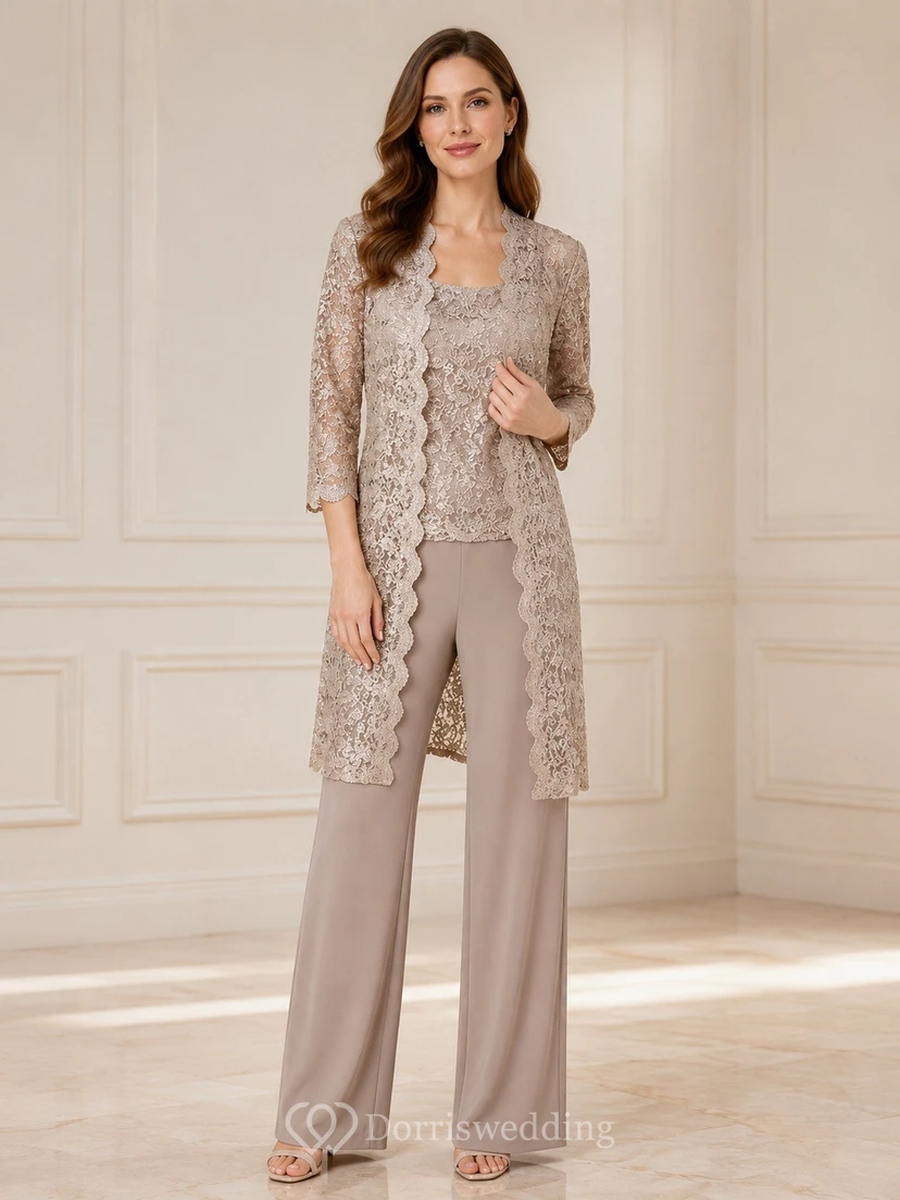 Taupe Lace Long Jacket Wide Leg Two Piece Formal Suit