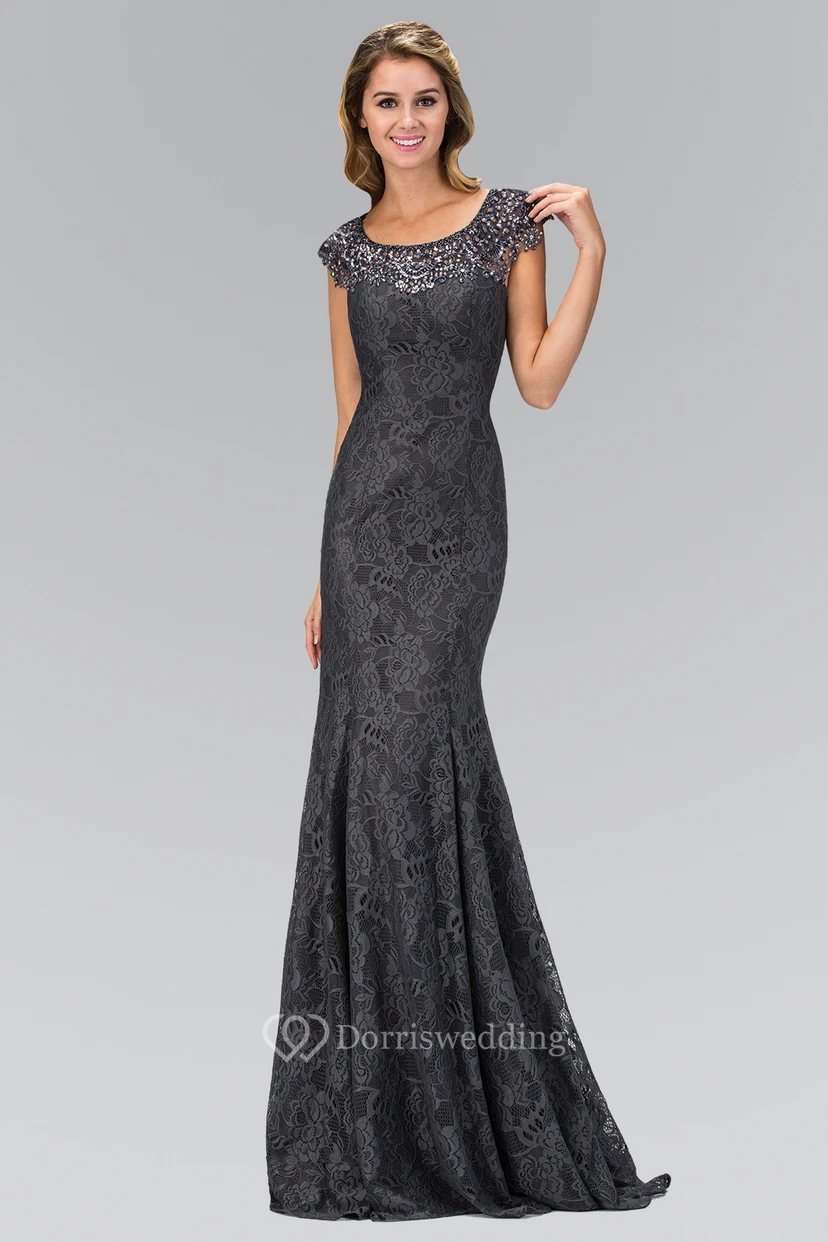 Sheath Long Scoop-Neck Cap-Sleeve Lace Zipper Dress With Bpt