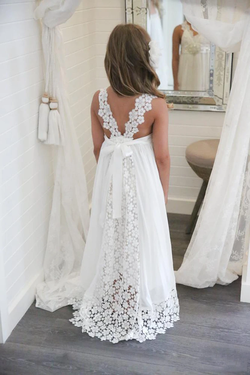 Floor-Length V-neck Boho Ethereal  Sleeveless Empire Petite Dress For Flowergirl view 2