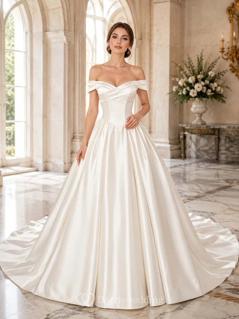 Robe de mariée en satin, robe de bal, épaules dénudées, manches courtes, traîne chapelle