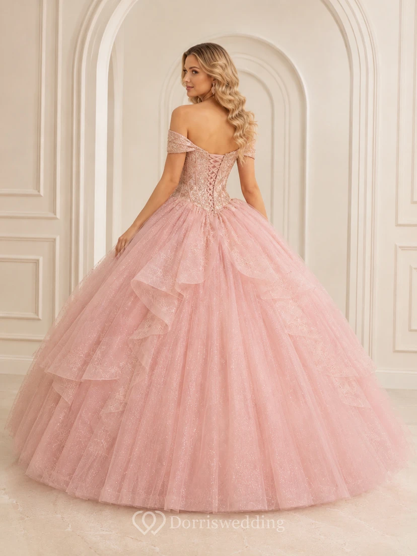 Blushing Pink Rose Gold Off Shoulder Metallic Brocade Quinceanera Princess Ball Gown view 2