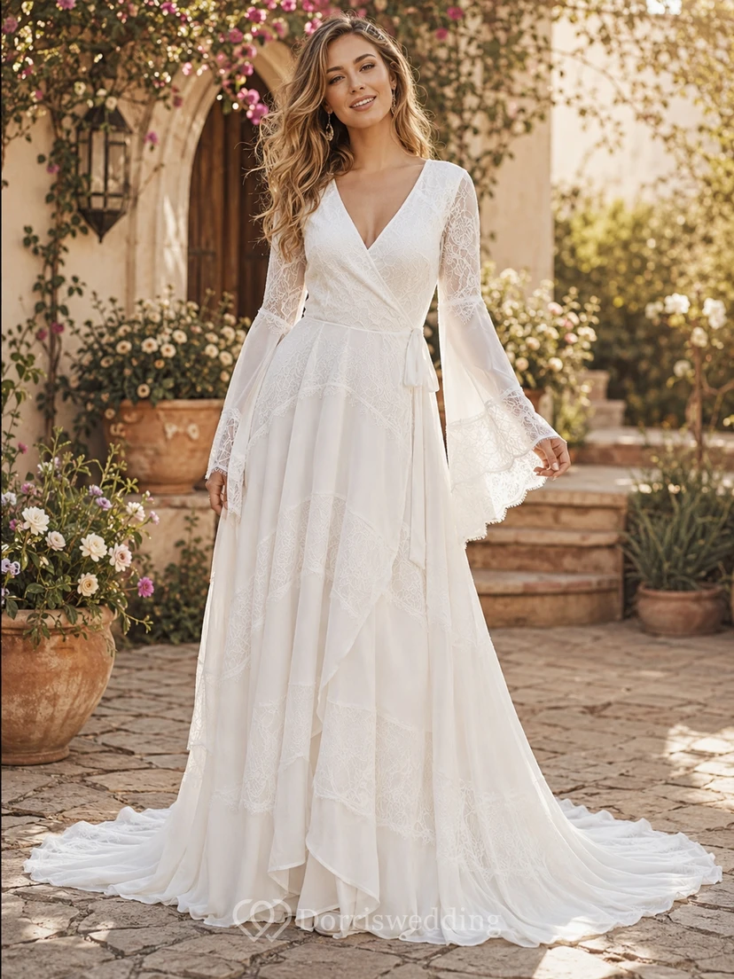Long Bell Sleeve Lace A-Line Wedding Dress with Ruffle Drape view 2