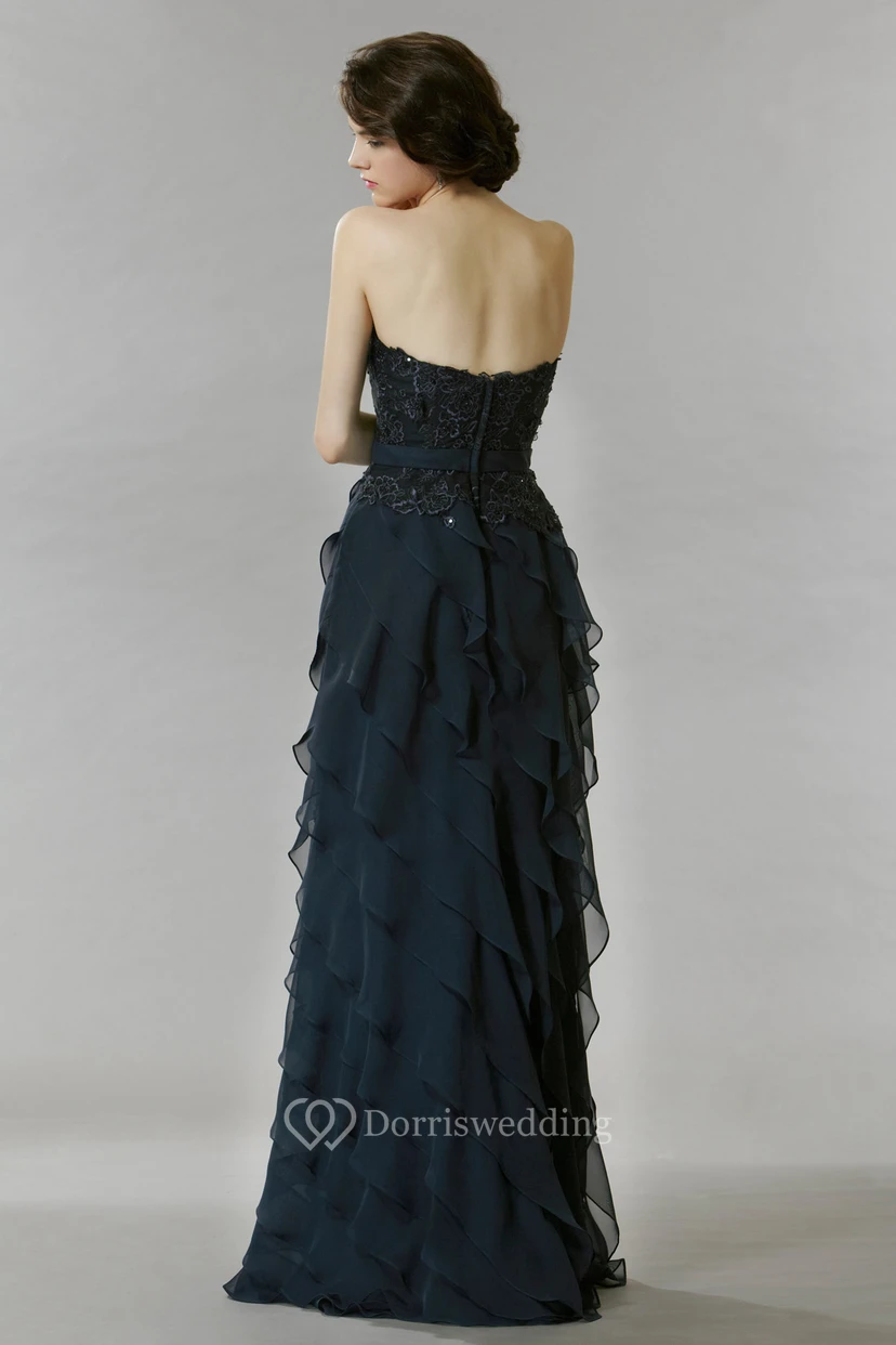 A-Line Strapless Floor-Length Sleeveless Lace Chiffon Prom Dress With Backless Style And Tiers view 2