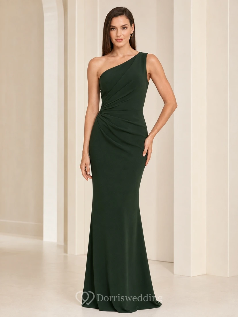 Dark Green One-Shoulder Sleeveless Satin Sheath Evening Dress