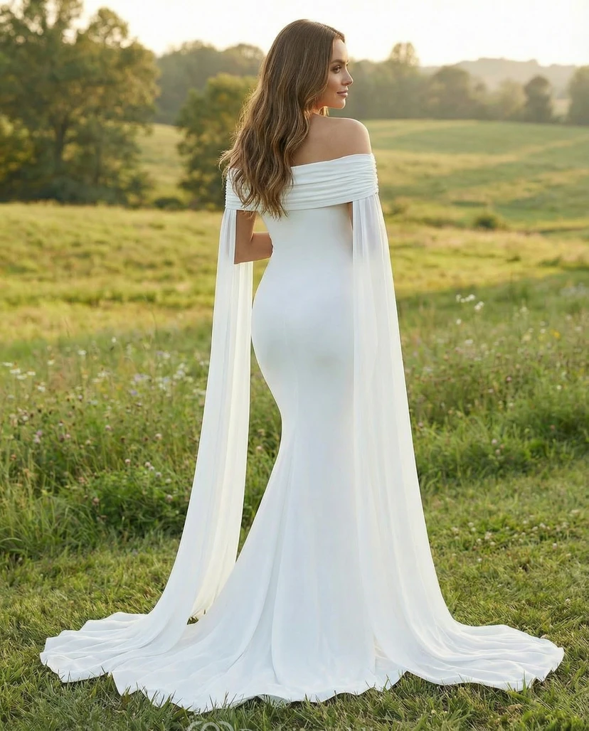 Robe de mariée de maternité à épaules dénudées avec manches cape drapées et jupe sirène view 2