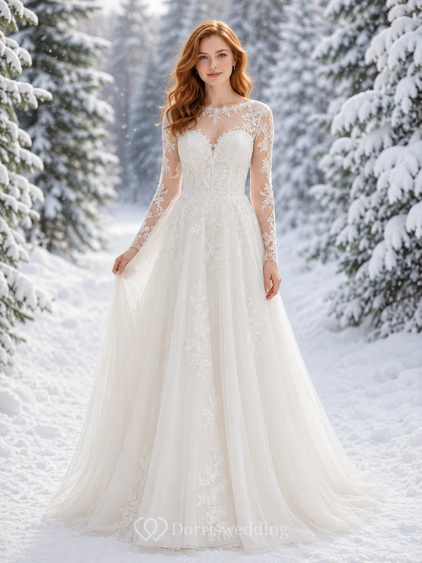 Vestido de novia de invierno de corte A con cuello alto, encaje y mangas largas
