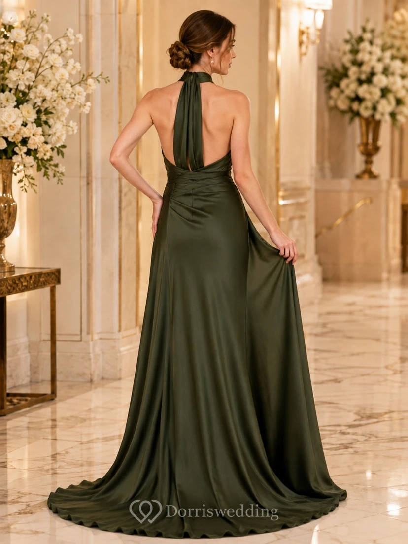 Olivgrünes, rückenfreies Meerjungfrauen-Abendkleid aus Satin mit Neckholder view 2