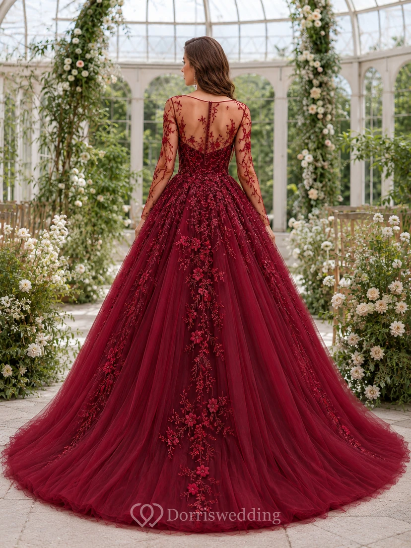 Burgundy Red Long Sleeve Floral Ball Gown Wedding Dress view 2