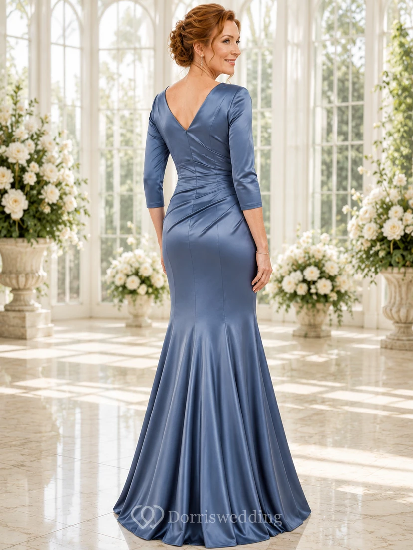 Steel Blue Modest V-Neck Stretch-Satin Mermaid Floor-Length Mother of the Bride Dress with Three-Quarter Sleeves view 2