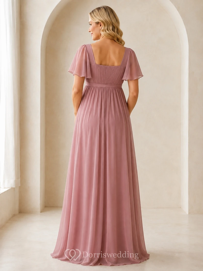 Altrosa Chiffon-Umstandskleid mit eckigem Ausschnitt, kurzen Ärmeln und Empire-Länge, bodenlang view 2