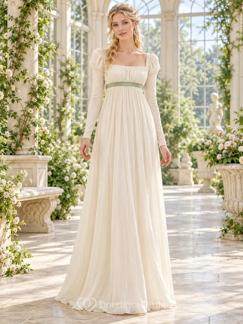 Robe de mariée empire en mousseline à manches longues et col carré, style Régence, avec ceinture.