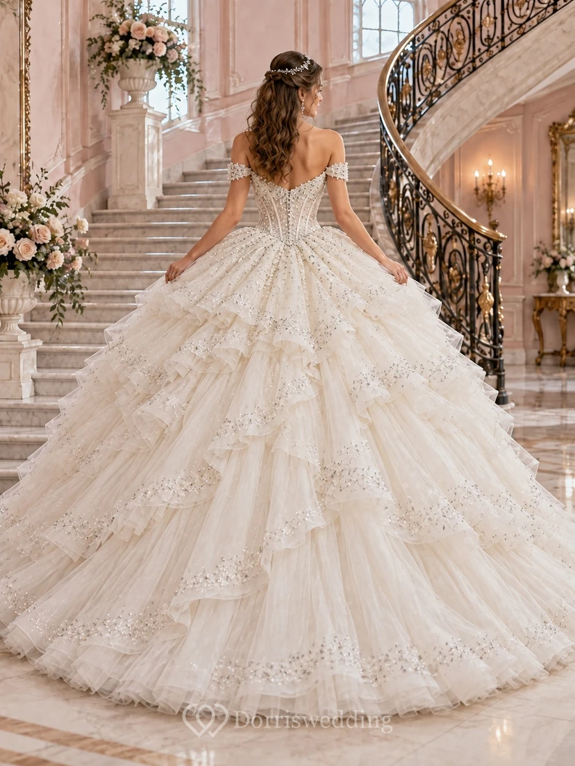 Vestido de novia de princesa con escote corazón, hombros descubiertos, tul con cuentas y volantes en cascada. view 2