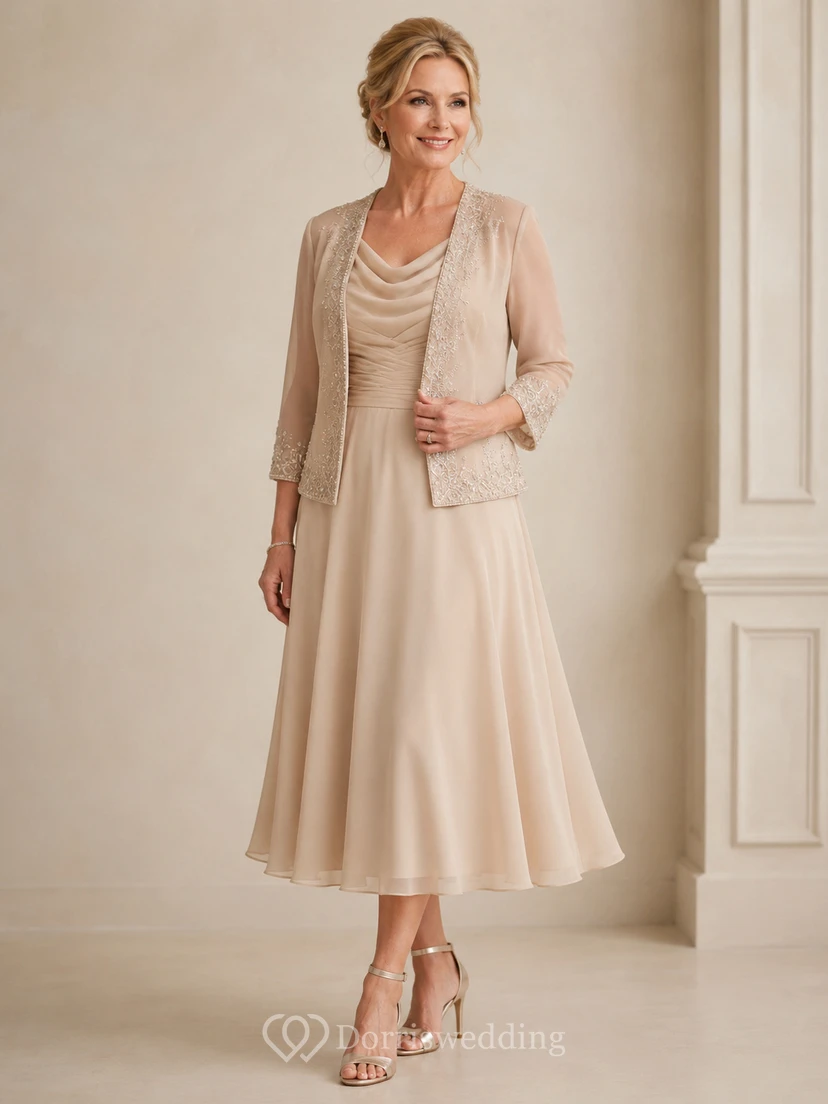 Champagne Cowl Neck Mother Dress with Jacket Champagne Cowl Scoop A-Line Tea-length