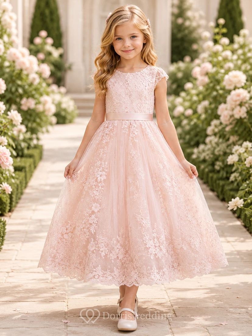 Flower Girl Dress Blush Lace Tulle A-Line Short Sleeve Scoop Neck Tea Length Bow Back