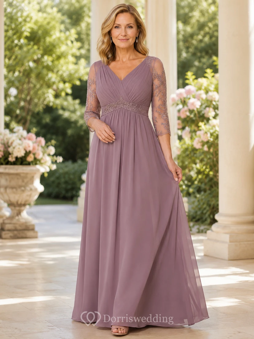 Vintage-Kleid aus mauvefarbener Spitze, schmeichelhaft für reife Mütter, V-Ausschnitt, Dreiviertelärmel, Empire-Taille, A-Linie, Chiffon, bodenlang