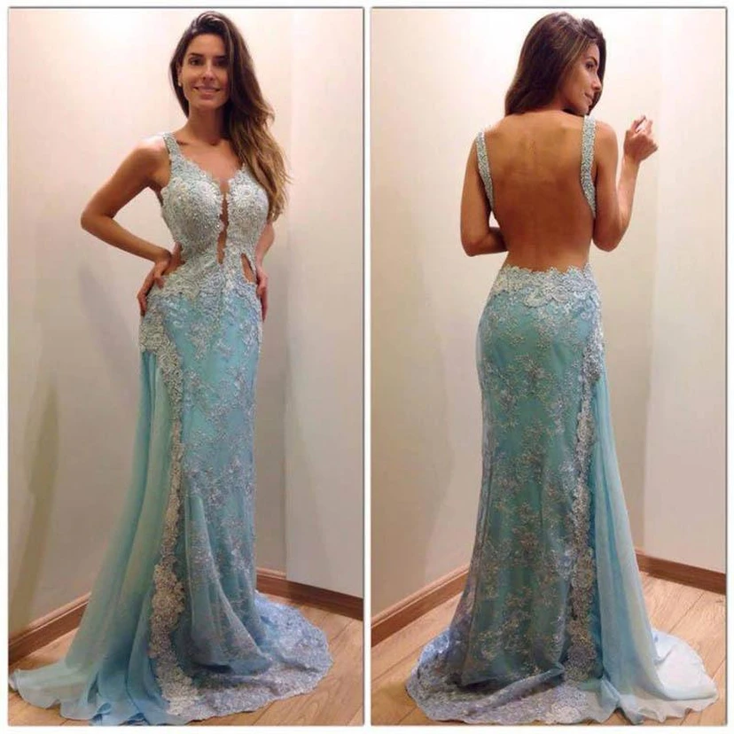 Delicate Lace Appliques A-line Evening Dress Mermaid Open Back Straps view 2