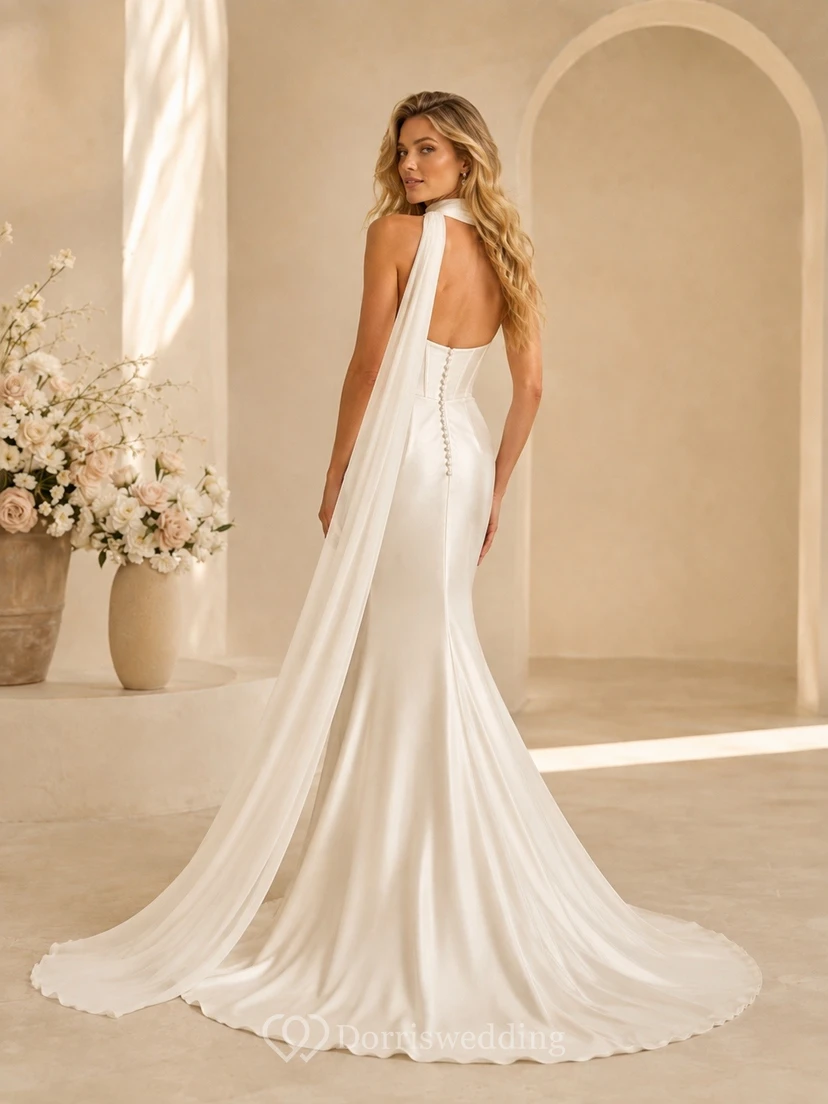 Vestido de novia de satén con cola larga estilo sirena para ceremonia nupcial view 2