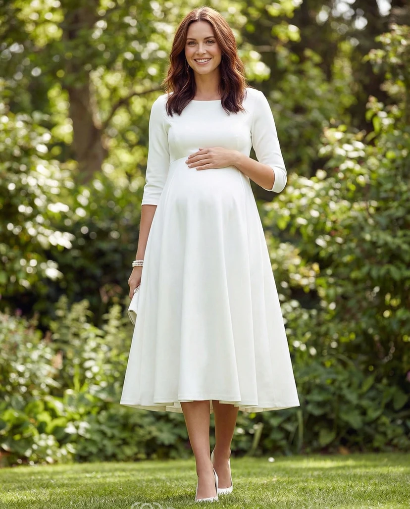 Vestido de novia premamá blanco de manga larga con escote joya.