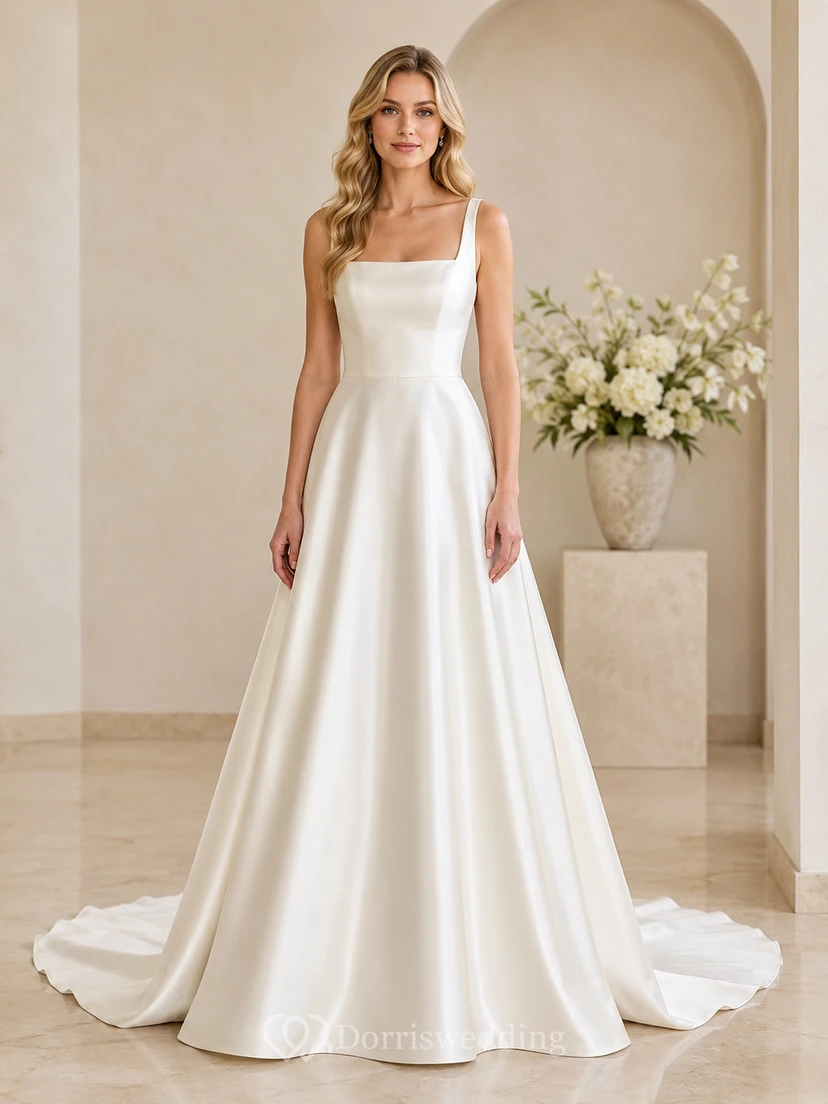 Vestido de novia de satén con escote cuadrado y corte en A, estilo capilla.