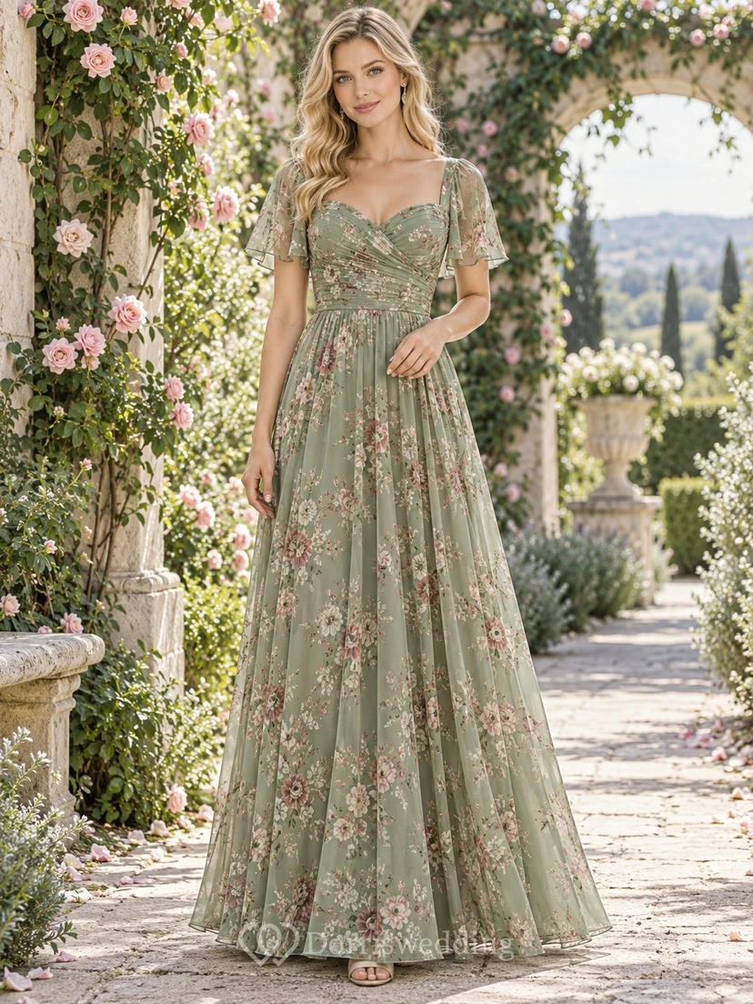 Vestido de dama de honor de gasa con corte en A, escote corazón y estampado floral verde salvia vintage.