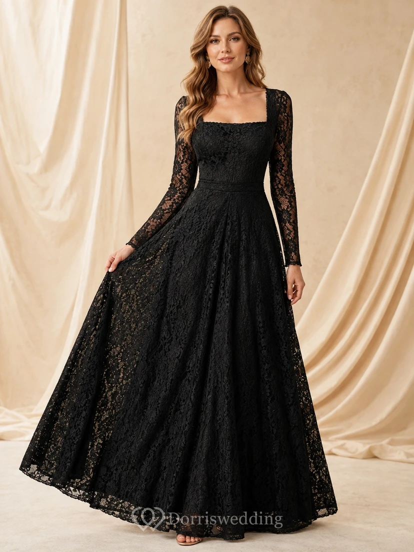 Black Lace Square-Neck Long-Sleeve A-Line Floor-length Romantic Evening-Gown