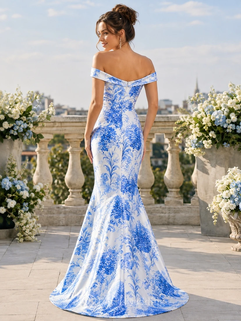 Blue White Floral Pattern Off-Shoulder Satin Mermaid Sweep Train Luxury Prom Dress view 2
