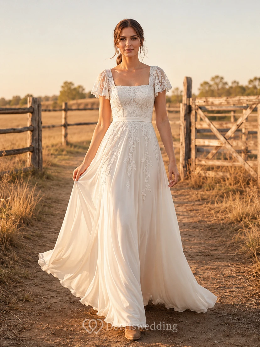 Rustic Country Square Neck Short Cap Lace Sleeve Keyhole Back Chiffon A-Line Wedding Dress