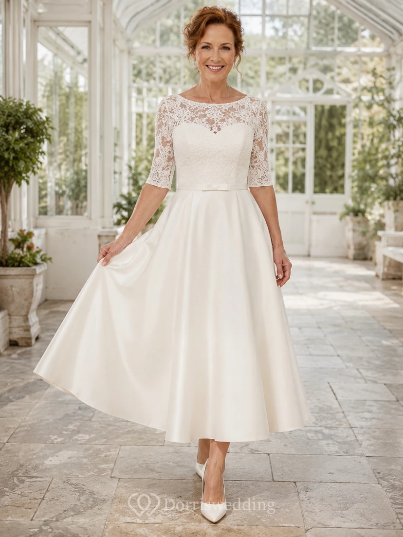 Vintage Brautkleid aus Satin, A-Linie, eckiger Ausschnitt, ärmellos, wadenlang
