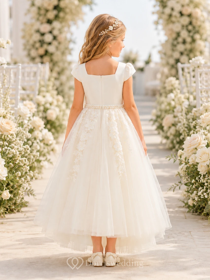 Flower Girl Dress Ivory Lace Tulle A-Line Short Sleeve Scoop Neck Tea Length view 2