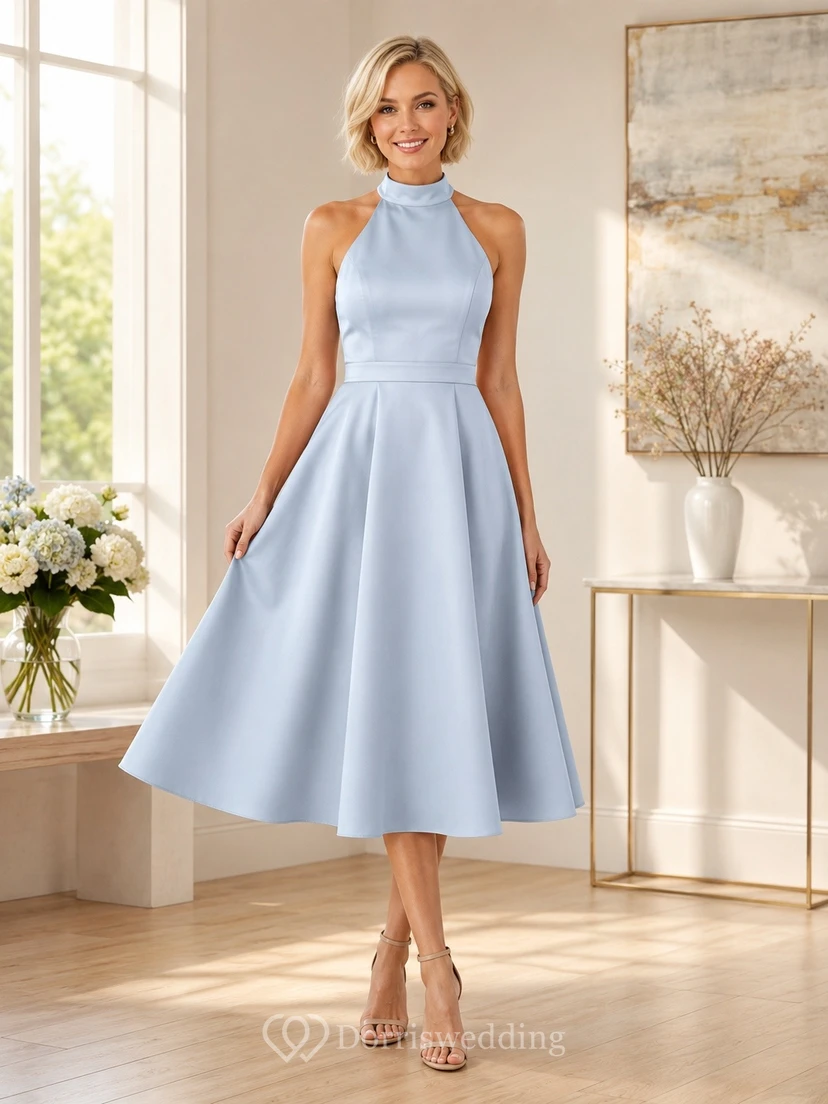 Sky Blue High Neck Sleeveless Satin A-Line Tea Dress