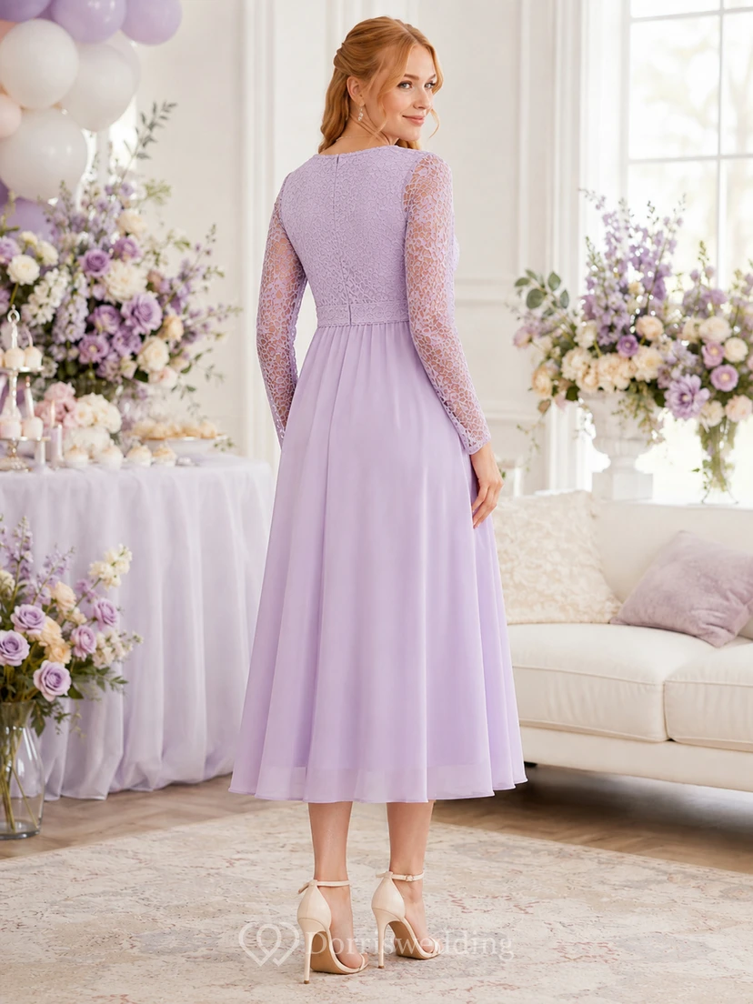 Lace Baby Shower Lavender Empire Tea-length V-neck Long Sleeve Chiffon Maternity Romantic Elegant Guest Formal Reception Dress view 2