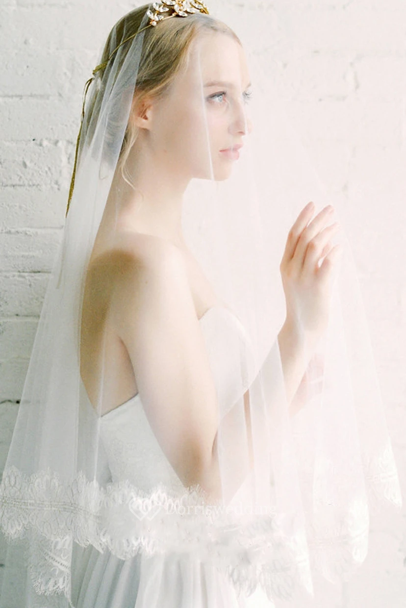 Fingertip Tulle Wedding Veil with Lace Trim view 3