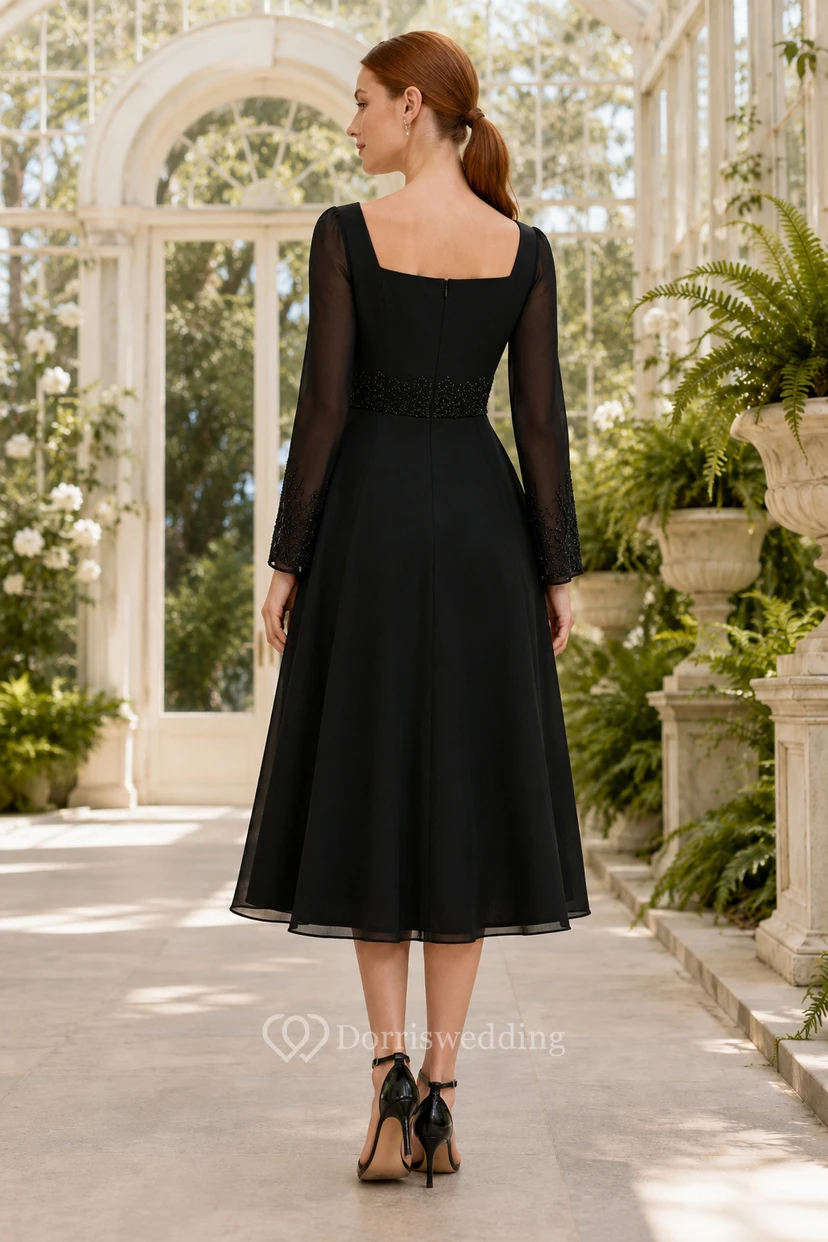 Black Tea Length A-Line Dress with Square Neck and Long Illusion Sleeves view 2