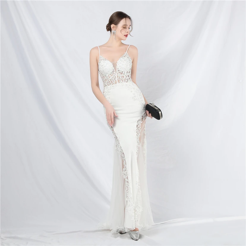 Spitzen-Abendkleid mit heißer Diamant- und Fischgrätenmuster-Weste, tiefem Taillenausschnitt, schulterfreiem Design und kurzer Schleppe view 86