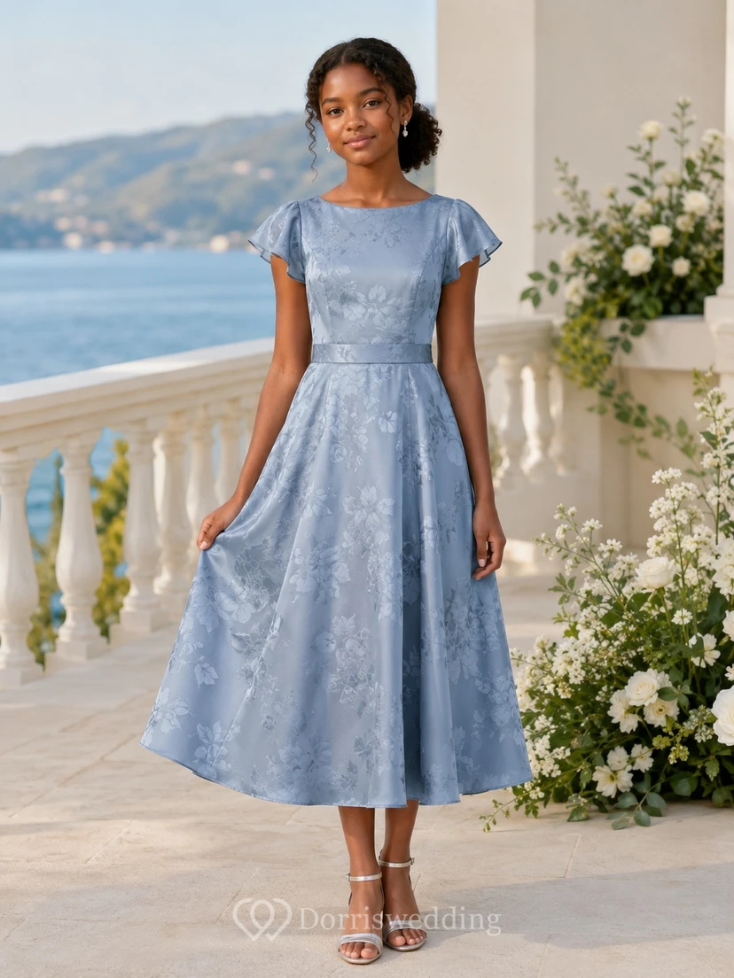 Himmelblaues Brautjungfernkleid im A-Linien-Schnitt, wadenlang, eckige kurze Ärmel, Blütenblatt-Satin, floraler Ausbrenner-Look, Vintage