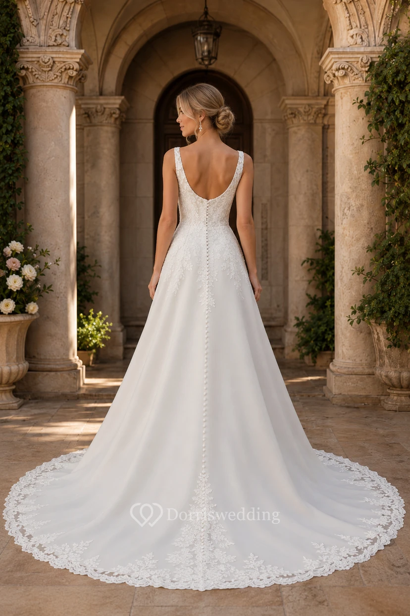 Robe de mariée trapèze en satin, col rond, bretelles et traîne en dentelle view 2