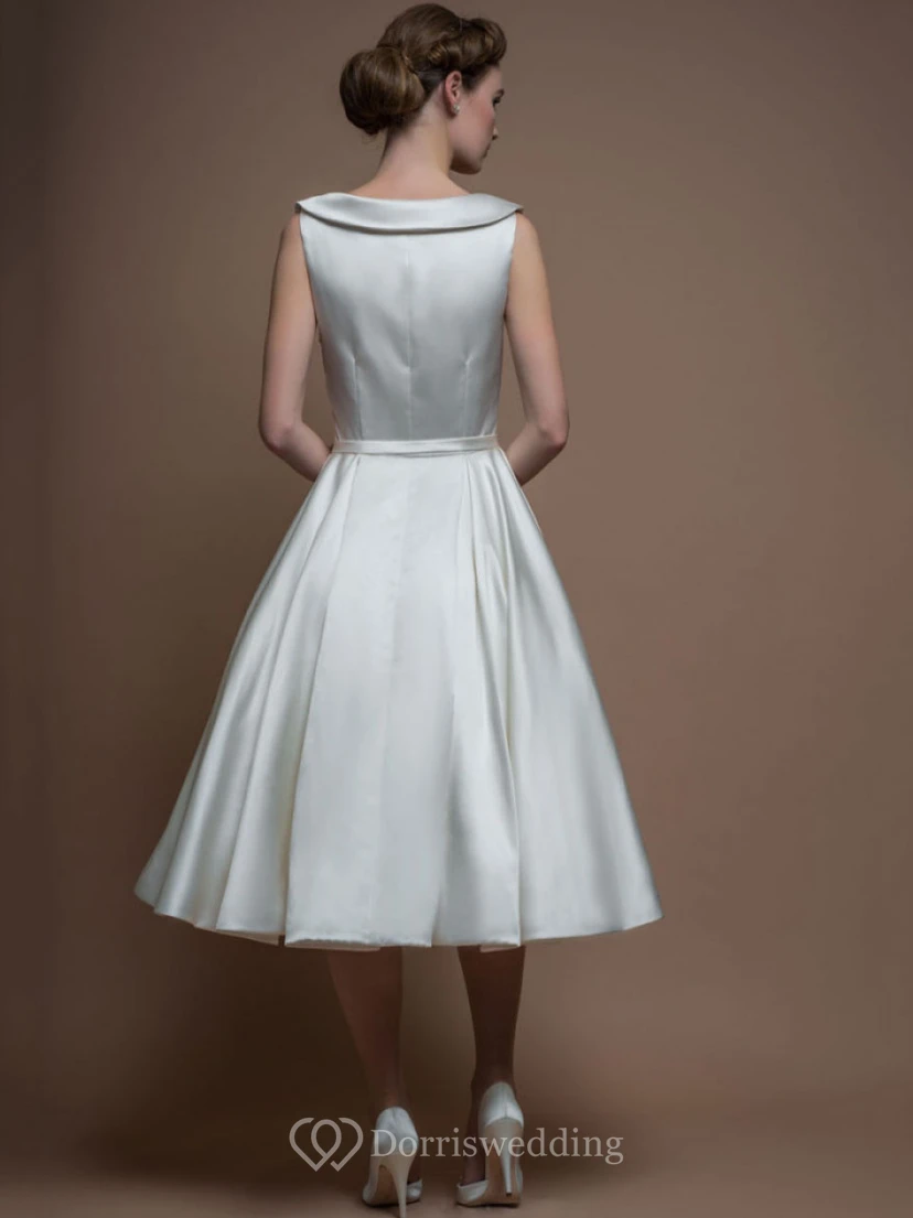 A-Line Sleeveless Tea-Length Bateau-Neck Satin Wedding Dress With Broach view 2