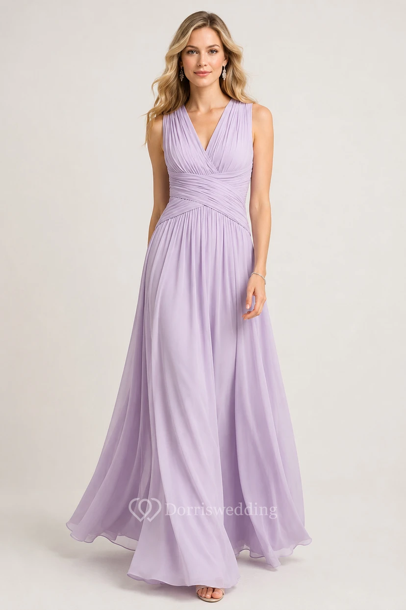 Sleeveless Chiffon V-Neck Dress With Crisscross Ruching view 43
