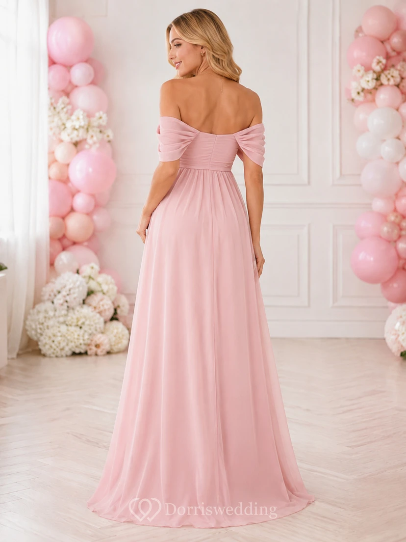 Robe de mariée empire en mousseline rose poudré à épaules dénudées pour baby shower de petite fille view 2