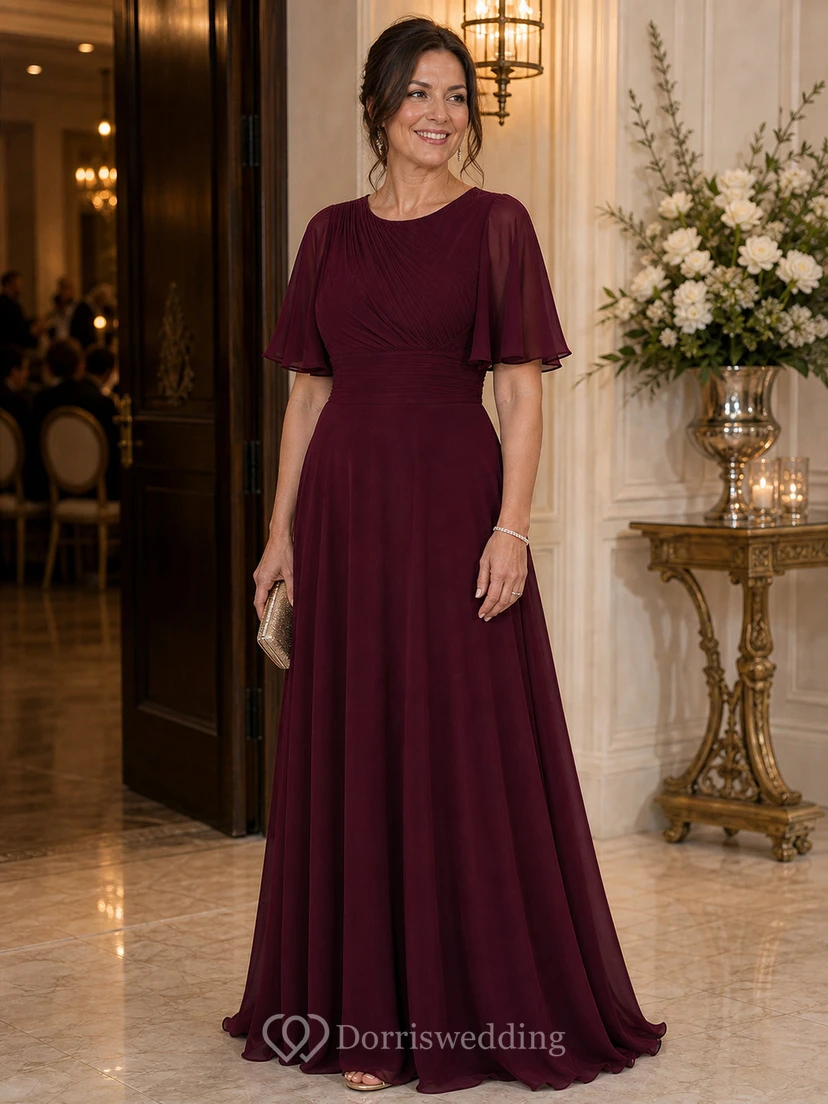 Vestido de noche de corte A de gasa color burdeos discreto con mangas acampanadas view 9