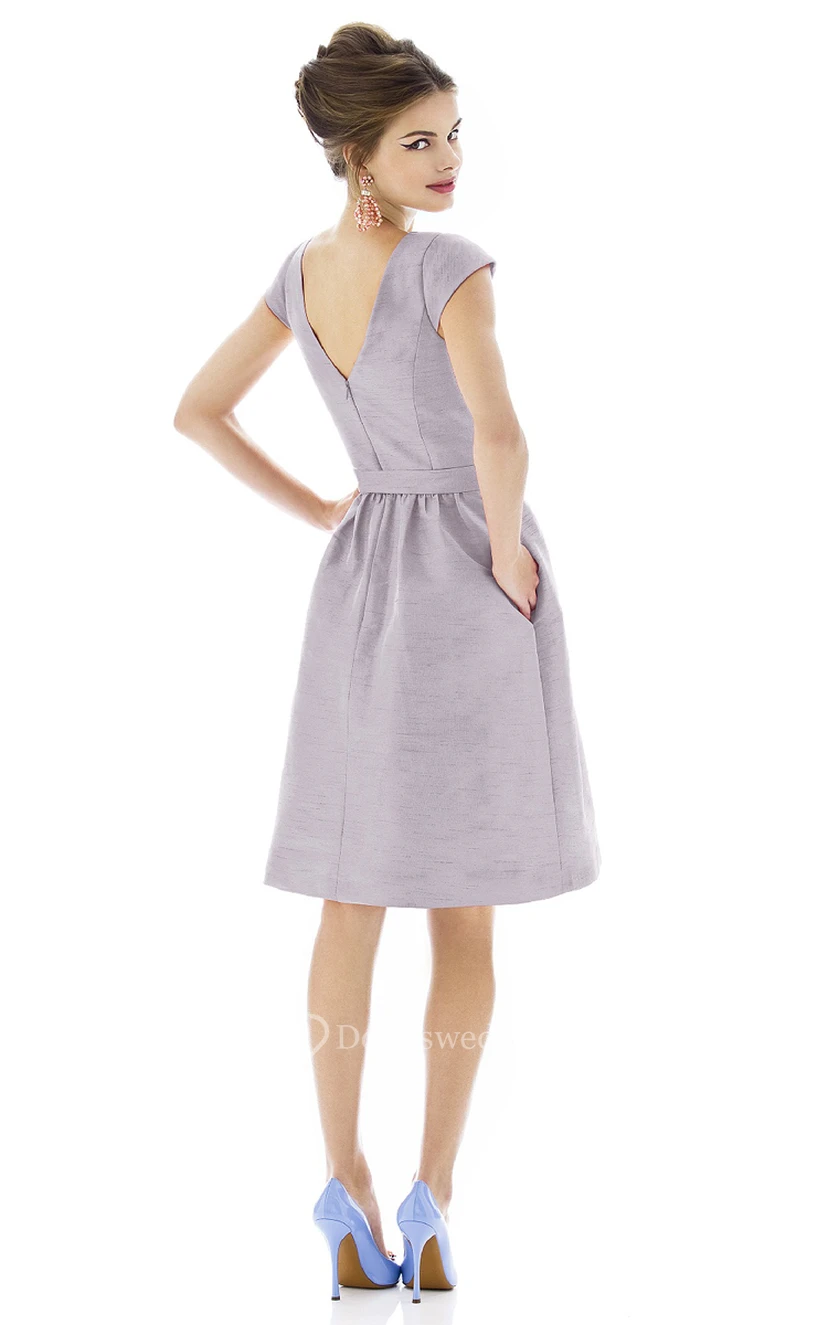 Sleeved-High-Neck A-Line Short Short Dress With Low-V Back view 2