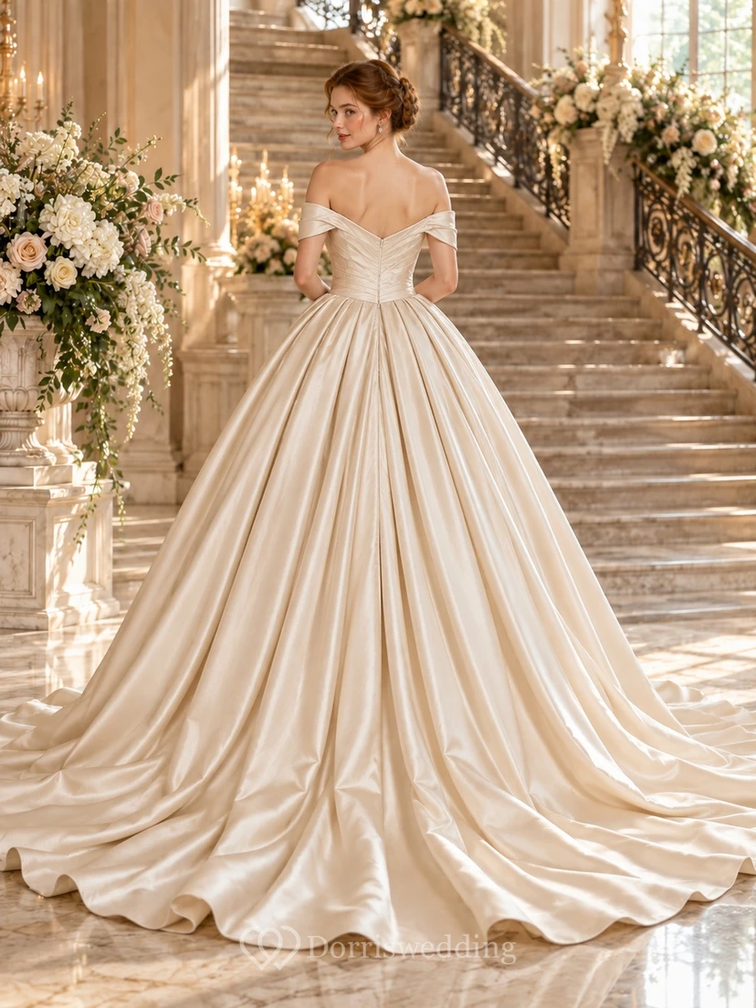 Simple Off Shoulder Champagne Satin Pleated Ball Gown Wedding Dress view 2