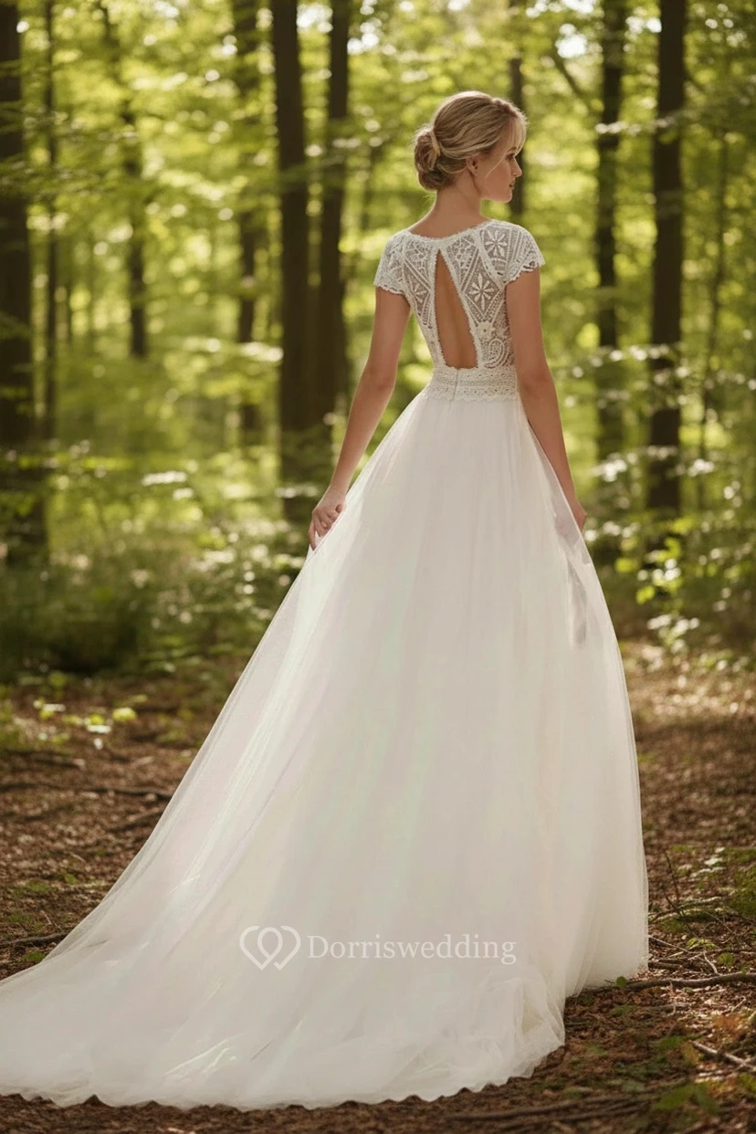 Cap Sleeve Lace Bodice Wedding Dress with Thigh-High Slit and Flowy Tulle Skirt view 2