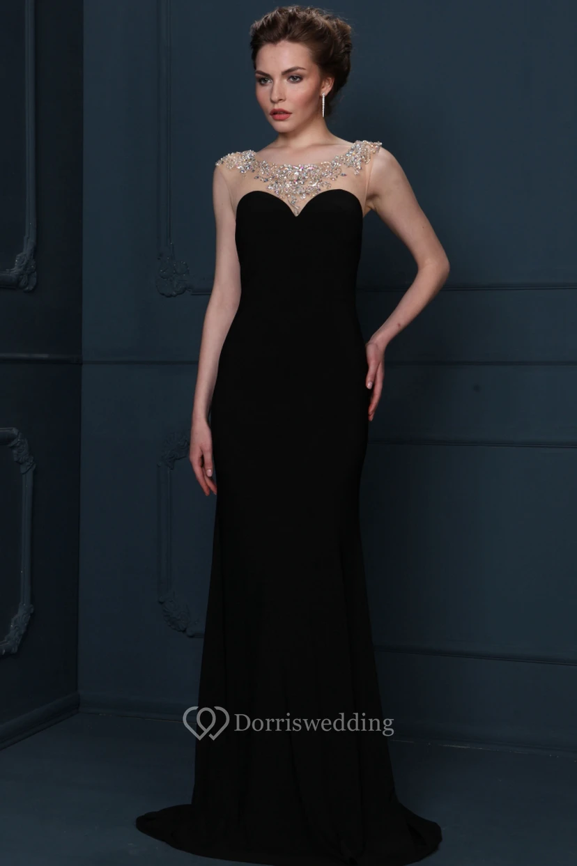 Beaded Sleeveless Scoop Neck Chiffon Evening Dress With Brush Train