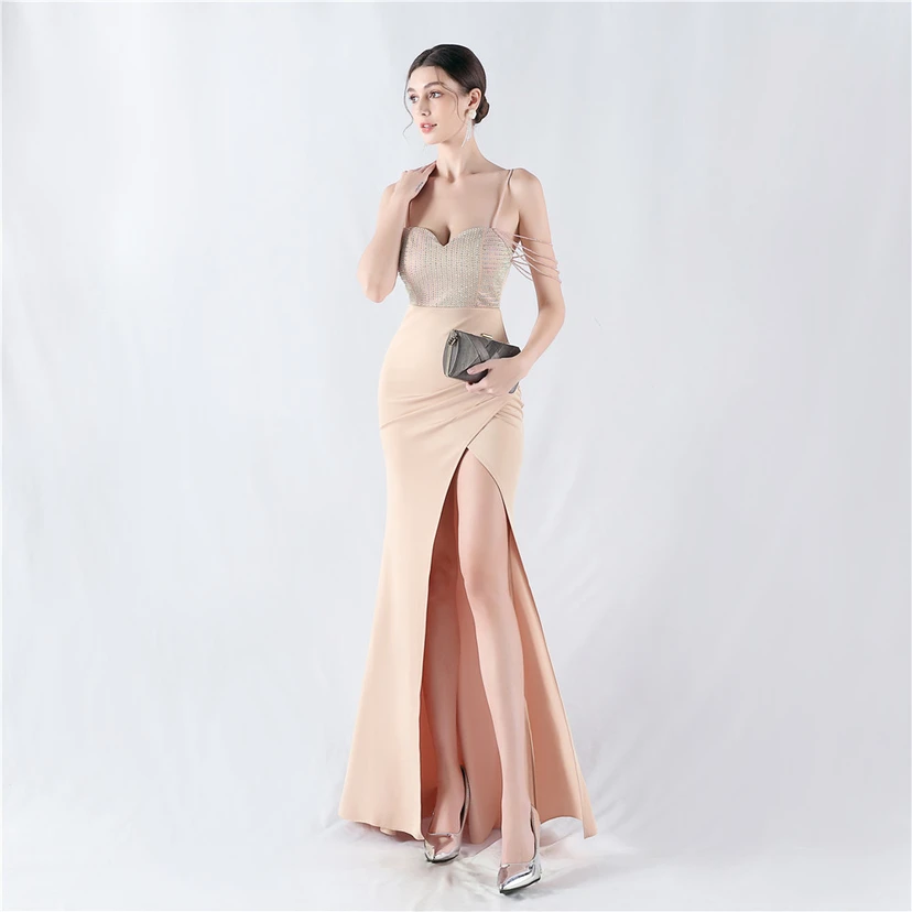 Hot Diamond Beaded High-Slit Satin Sexy Sling Evening Dress view 25