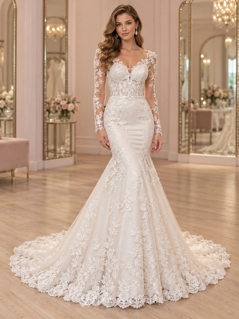 Mermaid Long Sleeve Plunge Sweetheart Floral Lace Train Wedding Dress
